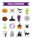 Happy Halloween icons set, flat style. Isolated on white background. Halloween collection of design elements with Royalty Free Stock Photo