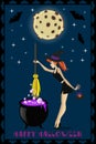 Happy Halloween illustration of cute young witch with cauldron Royalty Free Stock Photo