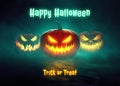 Happy Halloween illustration dark background scene with terrifying pumpkins. Halloween banner greeting card template Royalty Free Stock Photo