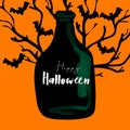 Happy Halloween illustration with magic jar and black bat on orange background Royalty Free Stock Photo