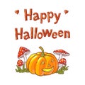 Happy Halloween. Illustration On White Background With Beautiful Pumpkin And Mushrooms Amanita.