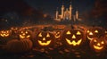 Happy halloween image with scary pumpkins in the graveyard of a castle background, AI generated. Royalty Free Stock Photo