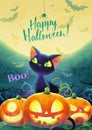 Happy halloween invitation concept. Cartoon black cat face pumpkin bat and spider on a moon and green background.