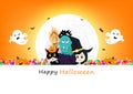 Happy Halloween invitation poster, pumpkin, black cat, candy, zombie monster, witch and spooky cute characters with full moon, Royalty Free Stock Photo