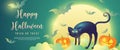 Happy halloween jack lantern bat black cat with cloudy full moon background