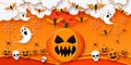 Happy Halloween. Jack Lantern, bats, ghosts, spiders and skulls in spooky night with full moon 3D illustration Royalty Free Stock Photo