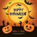 Happy halloween jack lantern full moon spider web bat and graveyard Royalty Free Stock Photo