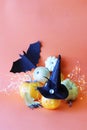 Happy Halloween, jack lantern, illumination, pumpkins, autumn leaves on an orange background Royalty Free Stock Photo