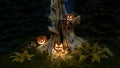 Happy Halloween Jack-o-lantern glowing pumpkins in the forest, day of the dead fabulous fantasy landscape, horror mystery. 3d