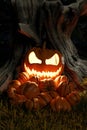 Happy Halloween Jack-o-lantern glowing pumpkins in the forest, day of the dead fabulous fantasy landscape, horror mystery. 3d Royalty Free Stock Photo