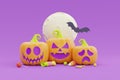 Happy Halloween with Jack-o-Lantern pumpkins character, candy, and bat under the moon on purple background, 3d rendering