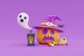 Happy Halloween with Jack-o-Lantern pumpkins character wearing witch hat, candy, lantern and ghost on purple background, 3d Royalty Free Stock Photo