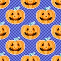 Happy Halloween jackolantern seamless pattern. Jack lantern pumpkin with black fishnet tights. Vector illustration Royalty Free Stock Photo