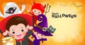 Happy Halloween Kids Costume Party banner, Group of children in Halloween cosplay. Template for advertising brochure. party poster Royalty Free Stock Photo