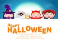 Happy Halloween Kids Costume Party. Group of children in Halloween cosplay with big signboard. Template for advertising brochure.