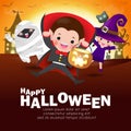 Happy Halloween Kids Costume Party. Group of children in Halloween cosplay. Template for advertising brochure.