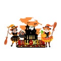 Happy Halloween label and happy kids dressed in Halloween costumes Royalty Free Stock Photo