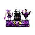 Happy Halloween label and happy kids dressed in Halloween costumes Royalty Free Stock Photo