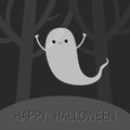 Happy Halloween. Landscape with scary tree forest scene. Flying ghost spirit in the dark. Cute cartoon kawaii spooky baby Royalty Free Stock Photo