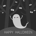 Happy Halloween. Landscape with scary tree forest scene. Flying ghost spirit. Eyes eyeballs in the dark. Boo. Cute cartoon kawaii Royalty Free Stock Photo