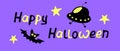 Happy Halloween-lettering with bat, flying saucer. Set of Isolated flat design elements, black silhouette Royalty Free Stock Photo