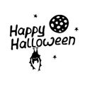 Happy Halloween-lettering with bat, moon, stars. Set of Isolated flat design elements, black silhouette. Festive title for Royalty Free Stock Photo