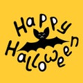 Happy Halloween-lettering with bat. Set of Isolated flat design elements, black silhouette. Festive title for greeting card, Royalty Free Stock Photo