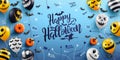 Happy Halloween Lettering and Blue Background with Halloween Ghost Balloons.Scary air balloons.Website spooky,Background or banner Royalty Free Stock Photo