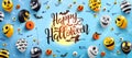 Happy Halloween Lettering and Blue Background with Halloween Ghost Balloons.Scary air balloons.Website spooky,Background or banner Royalty Free Stock Photo