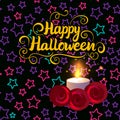 Happy Halloween Lettering Card. Candles glowing. Vector illustration with kids design background. Royalty Free Stock Photo