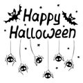 Happy Halloween-lettering with cute bats and spiders hanging and swing on web. Isolated flat design elements, black silhouette. Royalty Free Stock Photo