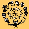 Happy Halloween-lettering and round frame with holiday characters-cat, zombie, bones, skulls, bat, ghosts. Festive border,