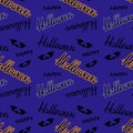 Happy Halloween lettering seamless pattern with silhouette bat on blue background.