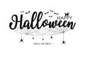 Happy Halloween lettering for text banner. Background with spiders, spider web, bat and cat for Halloween celebrete. Vector Royalty Free Stock Photo