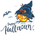 Happy Halloween lettering text greeting card. Cute scary pumpkin lantern in witch hat cap Royalty Free Stock Photo