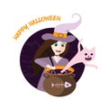 Happy Halloween. Little cute witch prepares magic potion. Ghost cat jumps from the bowl with hot broth. Rite of witchcraft creates Royalty Free Stock Photo