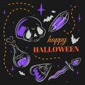 Happy Halloween, magic set, potion bottle, skull, dagger, doodle