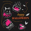 Happy Halloween, magic set, potion cauldron, cat, spell book, doodle Royalty Free Stock Photo