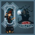 Happy Halloween message; background with witch and moonlight scene Royalty Free Stock Photo