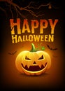 Happy Halloween message pumpkins and bat with tree, on orange and black poster design