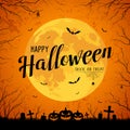 Happy Halloween message yellow full moon and bat on tree