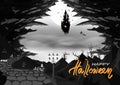 Happy halloween, monochrome, mystic castle floating silhouette fantasy with cave and mountains, card invitation poster abstract