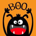 Happy Halloween. Monster head black silhouette. Eyes, ears, teeth fang, tongue, hands up. Boo text. Hanging spider. Cute cartoon