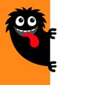 Happy Halloween. Monster peek from corner. Black head face silhouette. Cute Funny Kawaii cartoon baby character. Eyes, teeth.