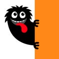 Happy Halloween. Monster peek from corner. Black head face silhouette. Cute Funny Kawaii cartoon character. Eyes, teeth, hands.