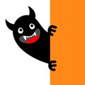 Happy Halloween. Monster peek from corner. Black head face silhouette. Cute Funny Kawaii cartoon character. Horns, teeth, hands,