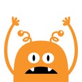 Happy Halloween. Monster scary face head icon. Cute cartoon boo spooky character. Eyes, fang tooth, hands up. Orange silhouette.