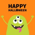 Happy Halloween. Monster scary screaming face head icon. Eyes, fang tooth, tongue, hands up. Cute cartoon boo spooky character. Gr Royalty Free Stock Photo