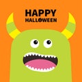 Happy Halloween. Monster scary screaming face head icon. Eyes, horns, fang tooth. Cute cartoon boo spooky character. Orange silhou