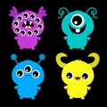 Happy Halloween. Monster set. Cartoon kawaii funny boo character. Cute face with horns, teeth, eyes. Colorful silhouette monsters